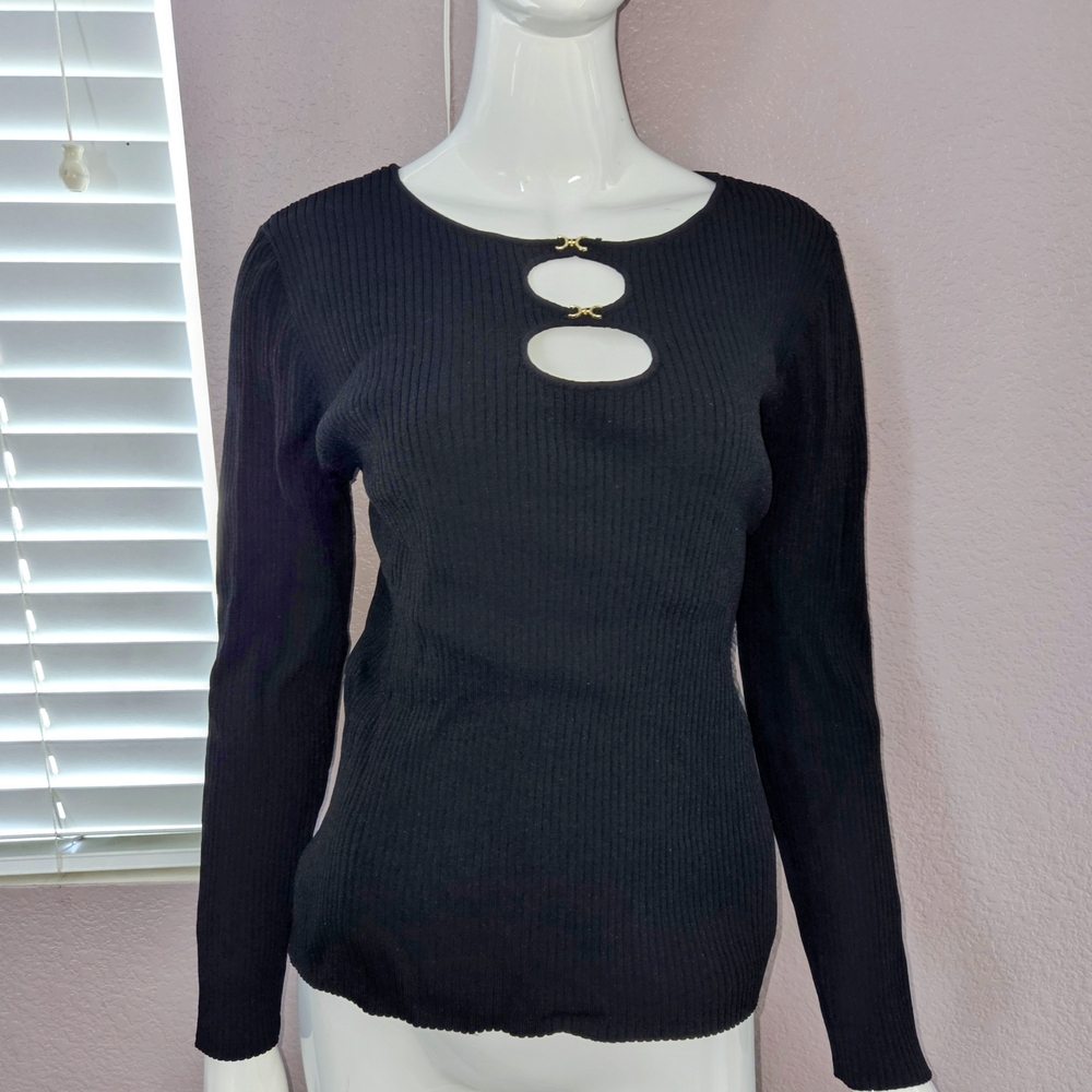 INC International Concepts Black Ribbed Long Sleeve Top